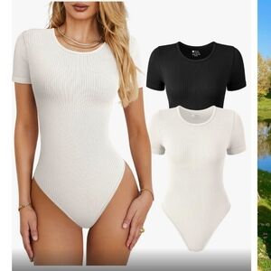 New Women's Large 2 Piece Bodysuits Ribbed Short Sleeve black & cream